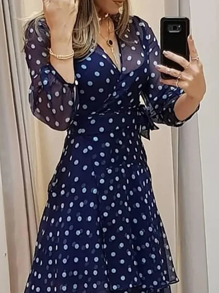 Frauen Laterne Ärmel Polkadot Print geschichteten Rüschen Maxi kleid elegante Mode schickes Kleid