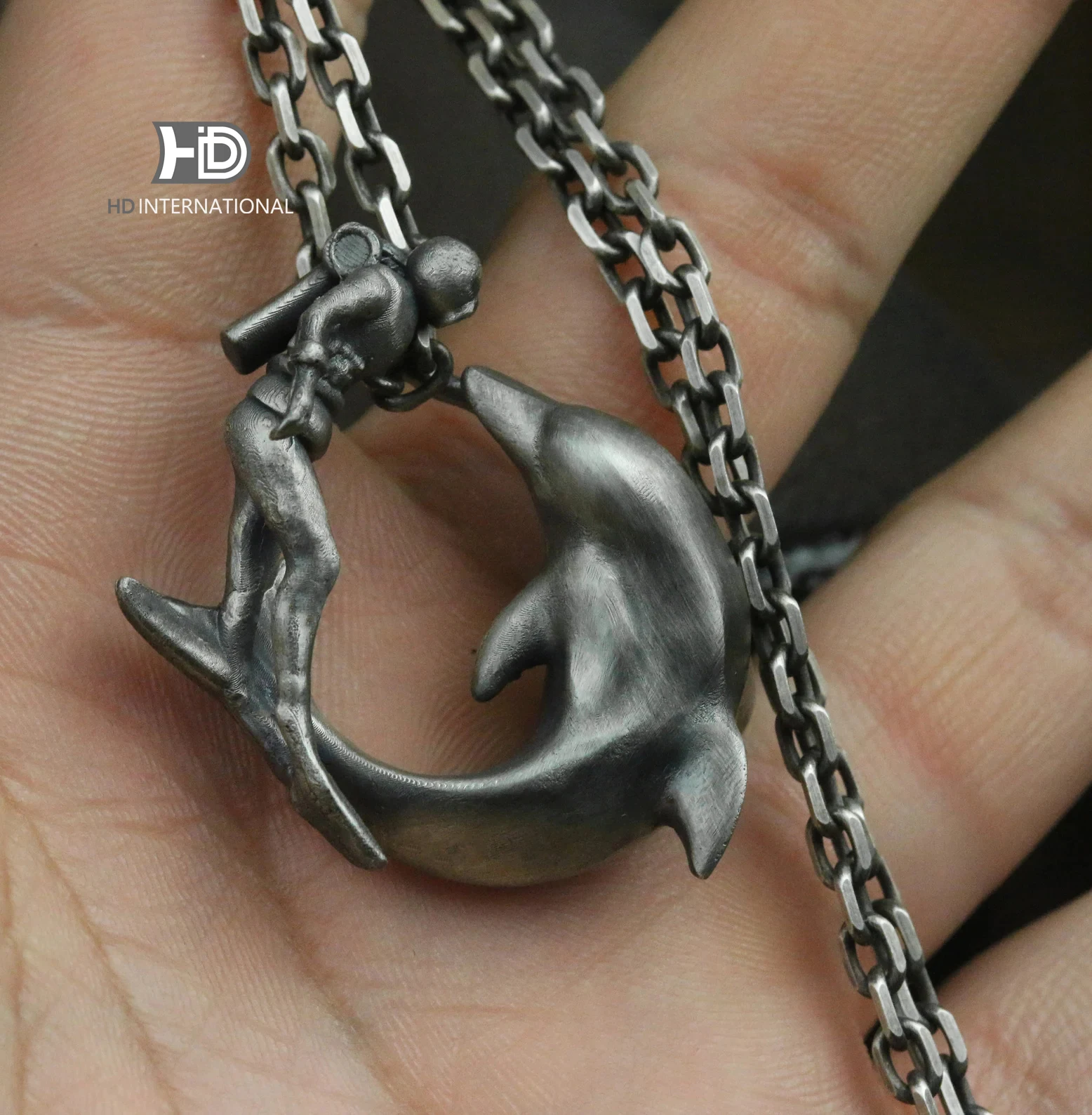 

925 silver diver and whale pendant, great white shark pendant, dolphin necklace, vintage brass craftsman made jewelry