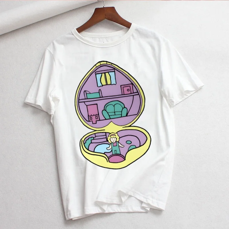 Kawaii Polly Pocket Casual T-shirt Women's Plus Print Short Sleeve Round Neck Slight Stretch T-shirt