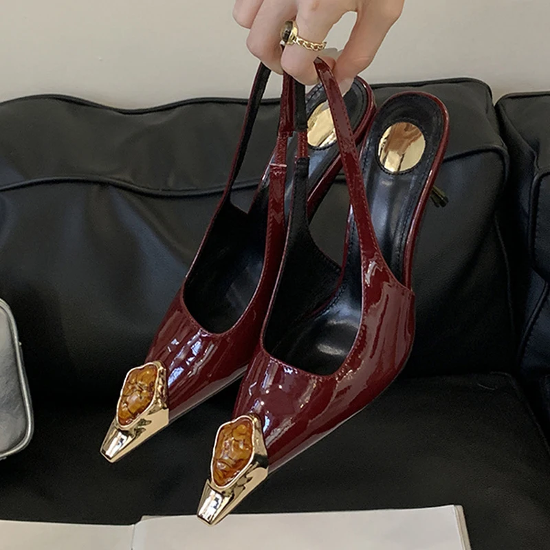Liyke Fashion Design Inlay Gems Pointed Toe Patent Leather Sexy Slingback Sandals Women Pumps High Heels Wedding Banquet Shoes