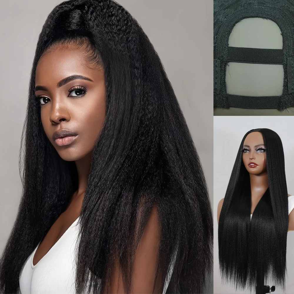 

28 Inch Synthetic U Part V Part Short Straight Yaki Wig Glueless No Sew in Beginner Friendly For Women Daily Use