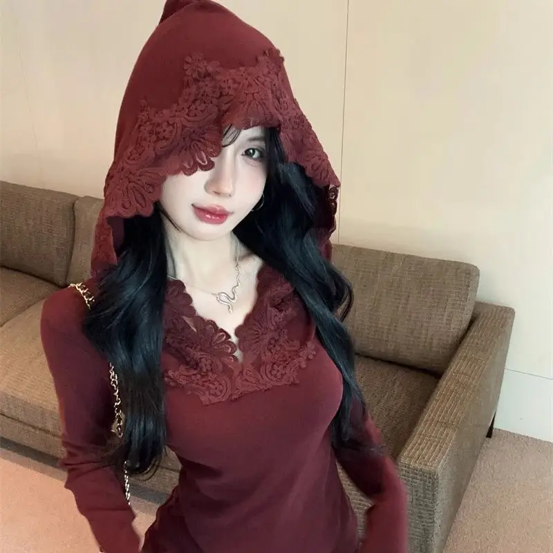 

Y2K Streetwear Sexy Hooded Lace Trim Top Women Tees Design Minimalist Versatile Slim Girly T-shirt Harajuku Kawaii Clothes Tops