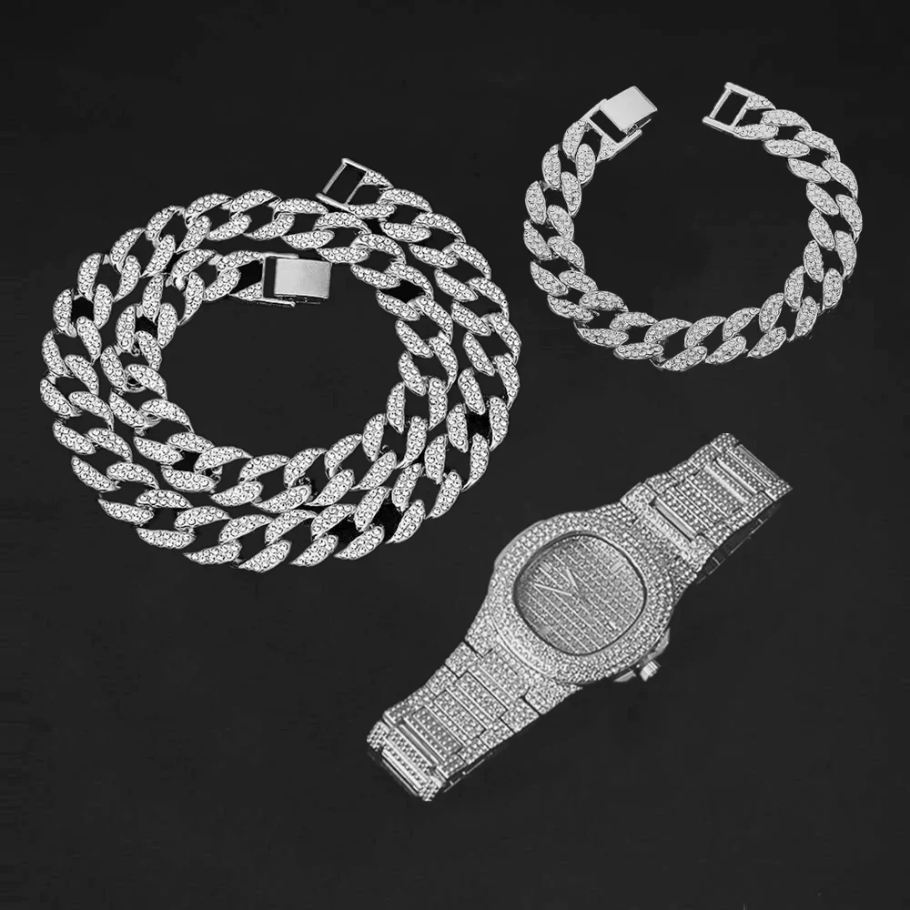 

Rock Hip Hop Miami Curb Cuban Chain Choker Gold Iced Out Paved Rhinestone Bling Rapper for Men Fashion Watch Necklace Bracelet