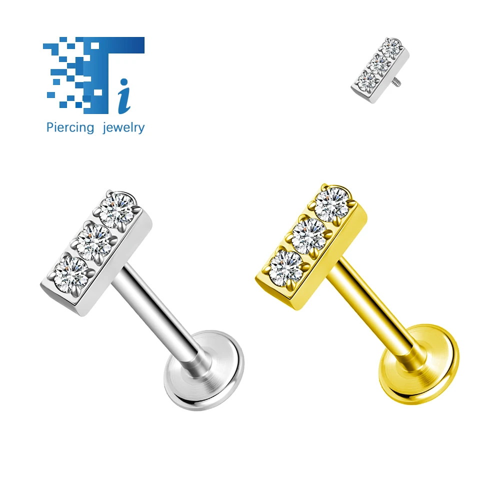 F136 Titanium earrings, one word with three zirconia lip studs, inner threaded ear bone studs, titanium body piercing jewelry