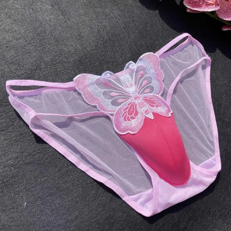 

Sexy Men's Lace Underwear Cross-dressing Briefs Low-Waist Mesh Hollowed Transparent Butterfly Embroidery Underpants Panties