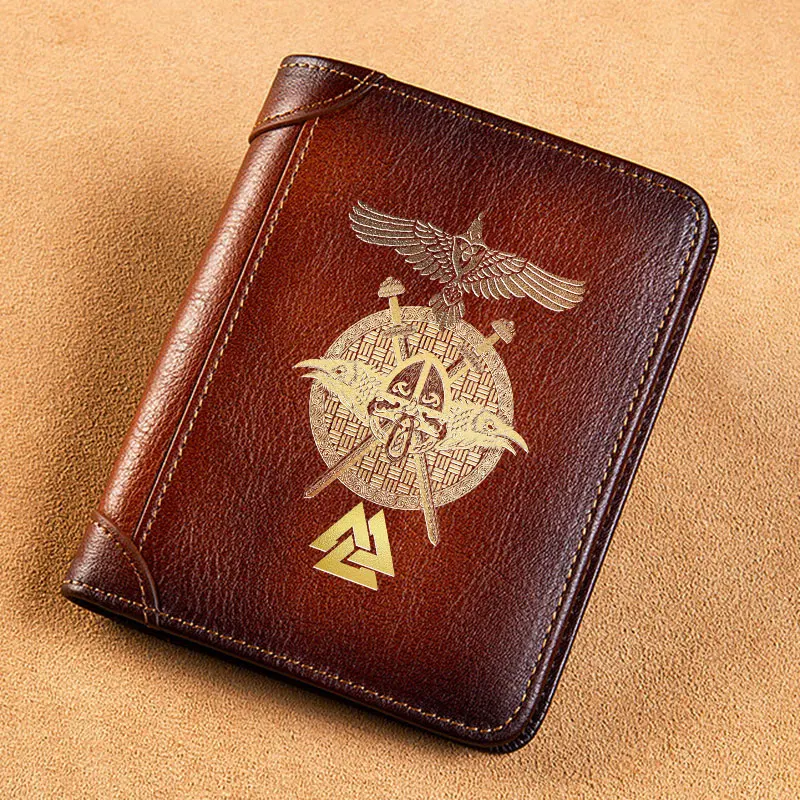 

High Quality Genuine Leather Men Wallets Viking Eagle Symbol Printing Short Card Holder Purse Luxury Brand Male Wallet