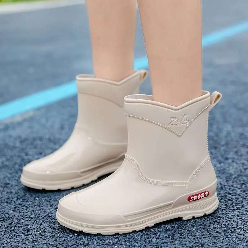 

Woman New Flat Sole High Top Rain Boots Thick Sole Non Slip Round Toe Waterproof Detachable Cotton Cover Kitchen Work Shoes