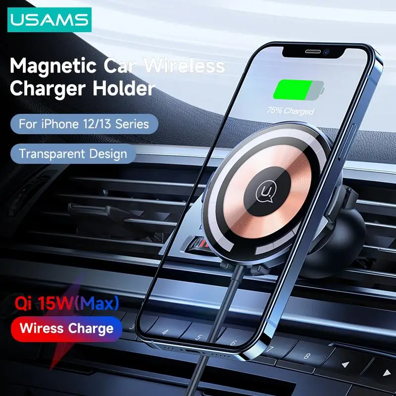 

USAMS Qi 15W 2 In 1 Transparent Magnetic Wireless Car Charger Holder With Magnetic Ring For iPhone Android Stable Phone Stand