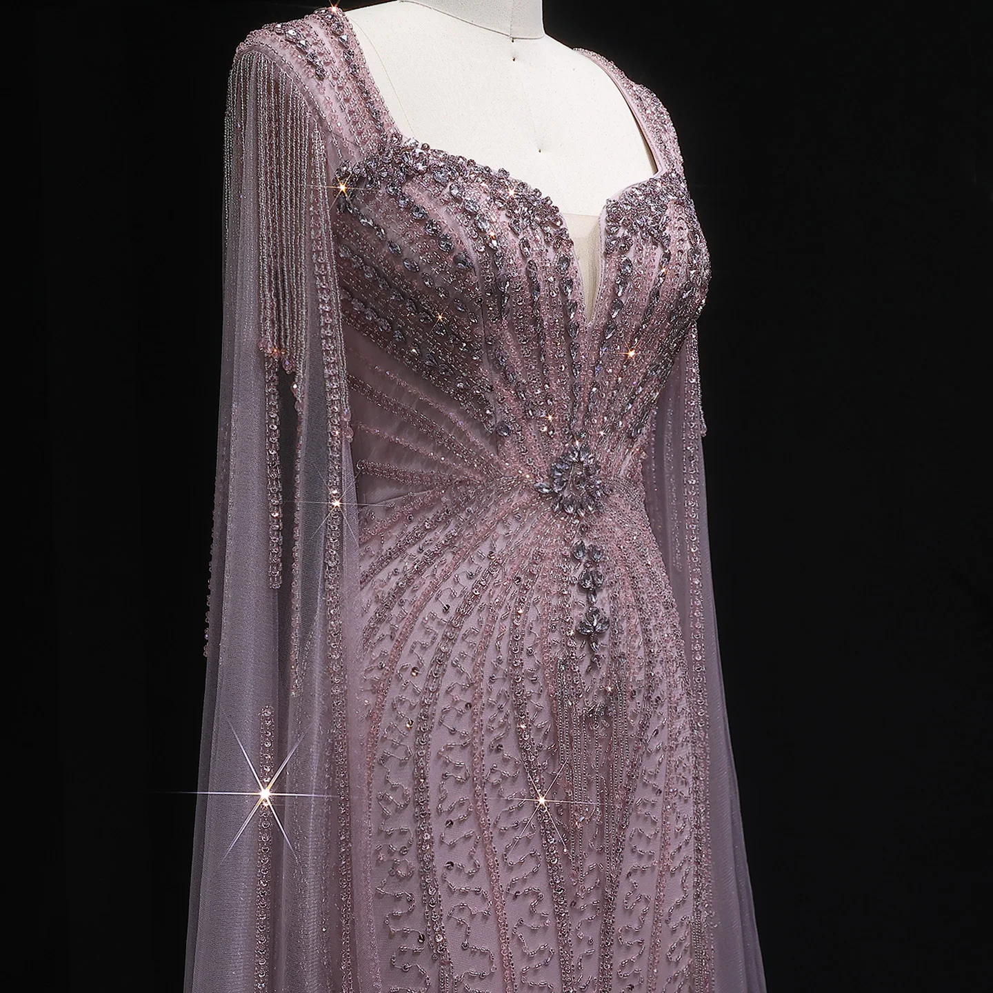 Sharon Said Dubai Luxuriöses Champagner-Meerjungfrauenkleid mit Cape-Ärmeln für Damen, Hochzeitsfeier, Ballkleider SS024, Maßanfertigung – Detail 6