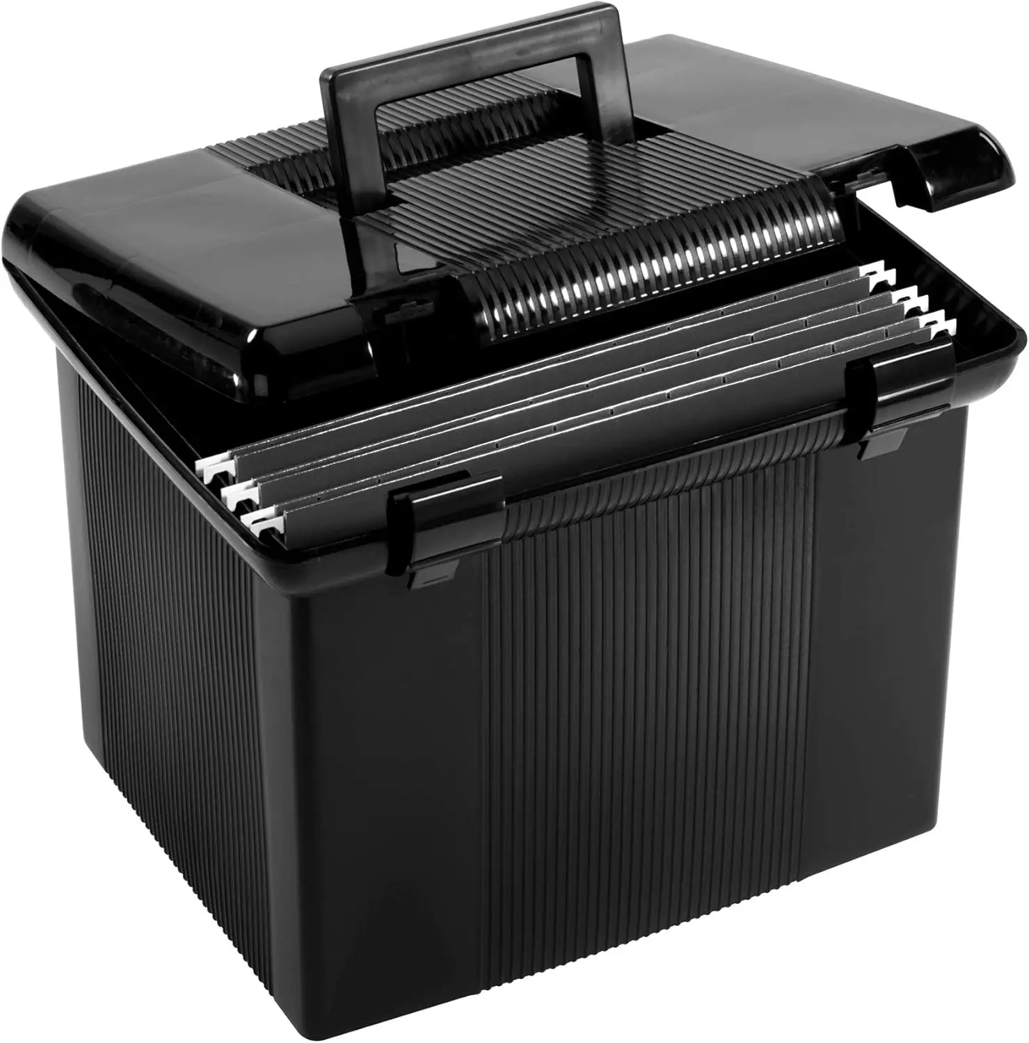 

Portable File Box with Hinged Lid, 3 Hanging Folders Included, Black Storage for Home Office Documents