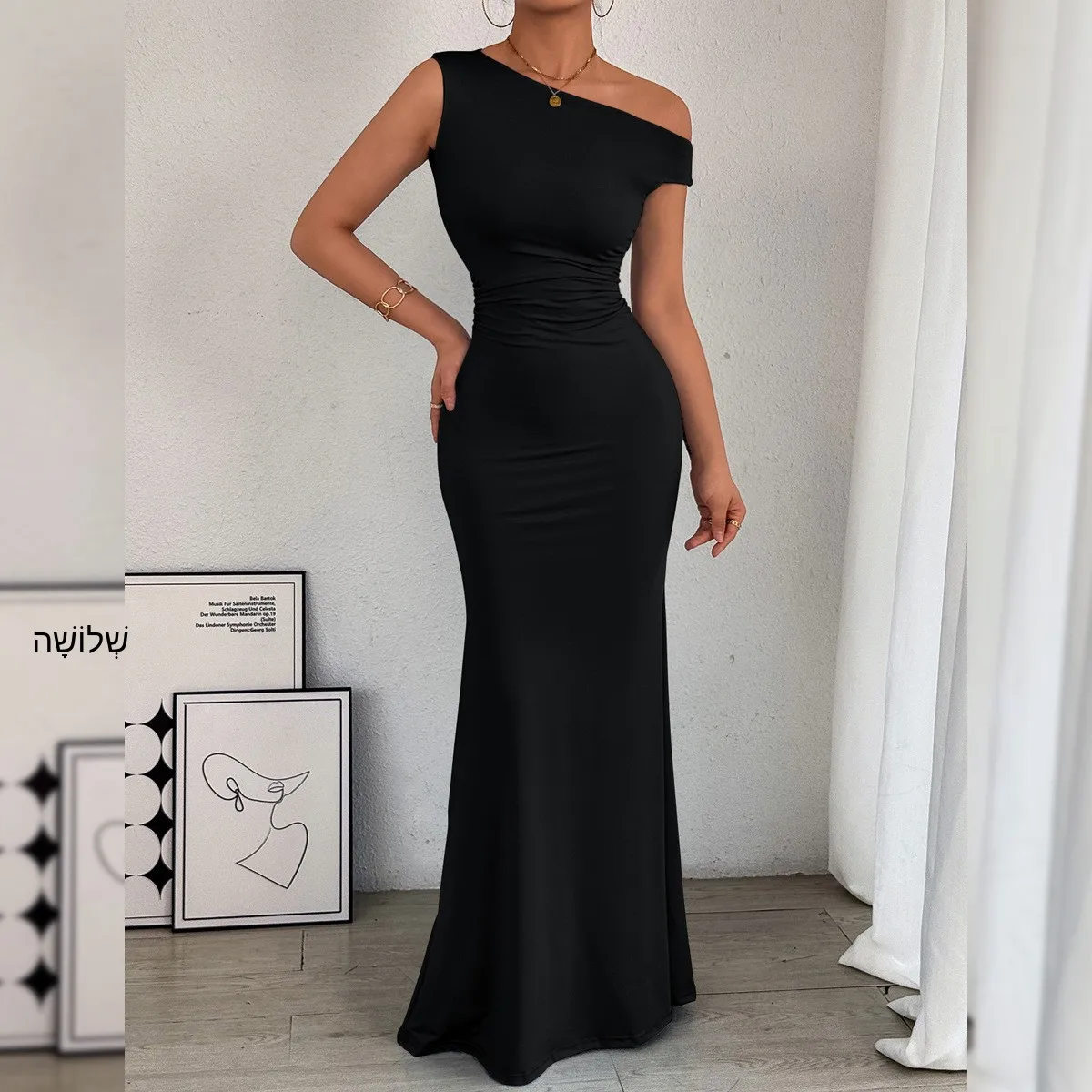 Sexy Fish Tail Dress Cross-Border Women's Fashion Asymmetrical Shoulder Neckline Waist Pleated Sleeveless Elegant Gown