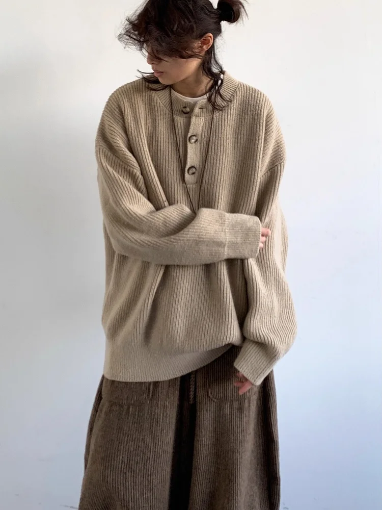 

Autumn Winter New Sle Japanese Retro Texture Henry Collar Sweater Men Women Casual Loose Warm Knitted Wear for Youth