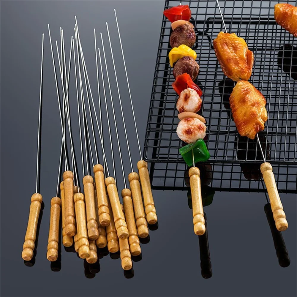 

Large Stainless Steel BBQ Skewers Oak Wood Barbecue Grill Forks Long Handle Flat Kebab Skewer BBQ Accessories Tool