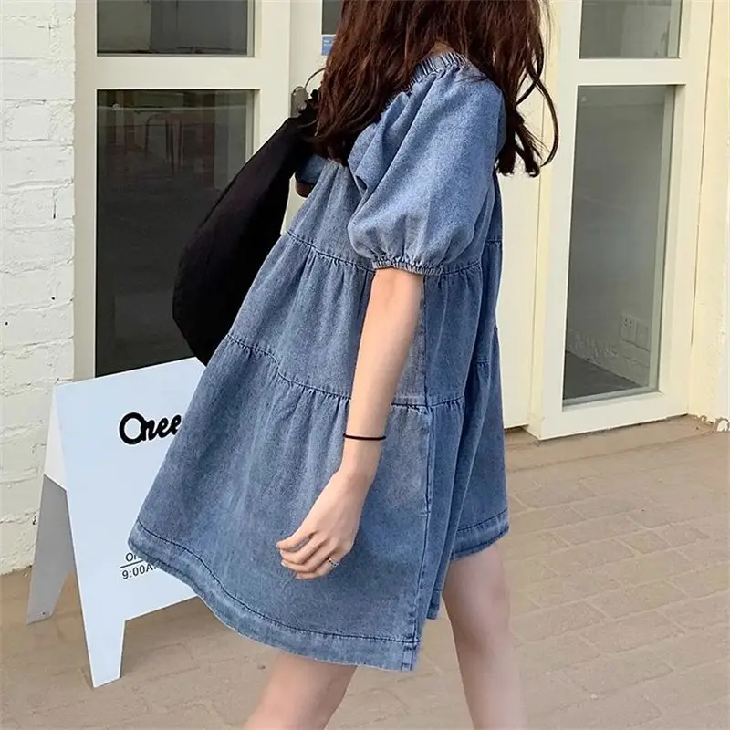 Tummy Control Slim Denim Dress Women's 2026 Summer Puff Sleeve Elegant Youthful Short Design