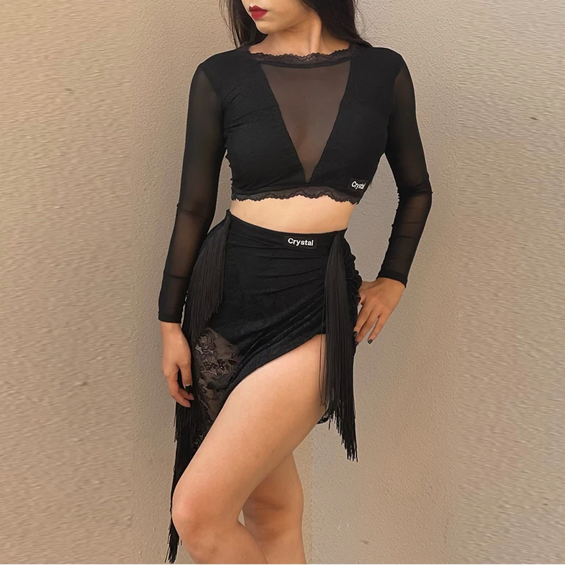 

Latin Dance Costume Black/Brown ChaCha Dancing Clothes Long Sleeve Mesh Tops Lace Fringe Skirt Sets Women Practice Wear VDB7904