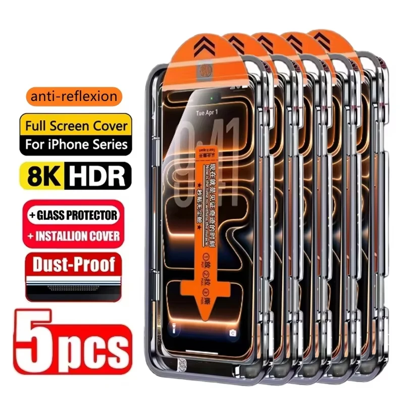 1-5 Stück Staubfreie, einfach zu installierende HD-Klare Panzerglas-Displayschutzfolien für iPhone 17ProMax 17Air 16Plus 15 14 13 12 11 Mini XS