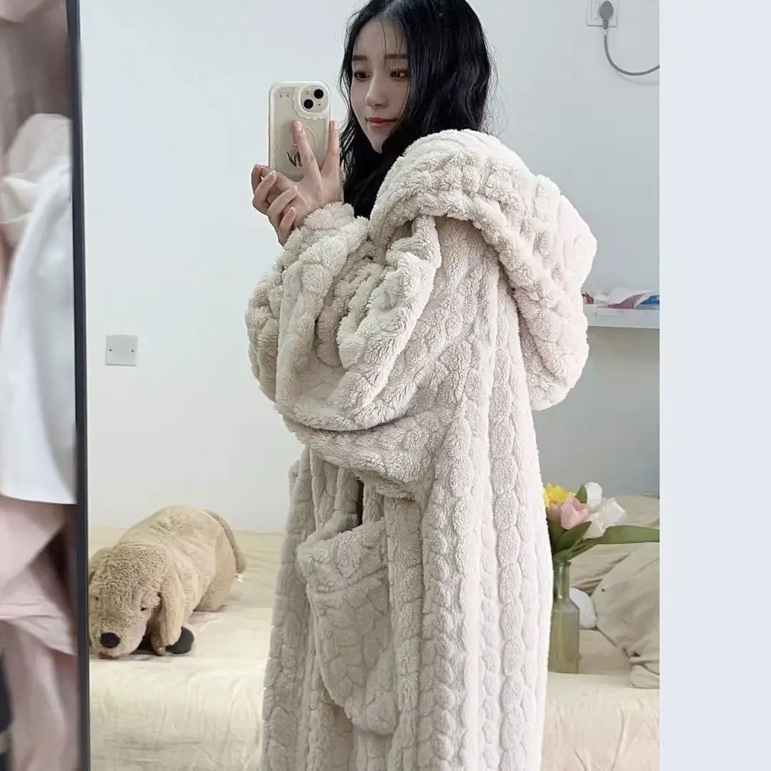 Winter Loose Pocket Robe for Women Nightdress Warm Fleece Pajama One Piece Hooded Sleeping Solid Home Wear