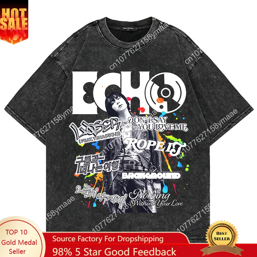 

Vintage Washed Jin Echo T Shirt New Fashion Men Aesthetic Hip Hop Cool T-Shirt Unisex Acid Wash Oversize 100% Cotton Tees Shirts