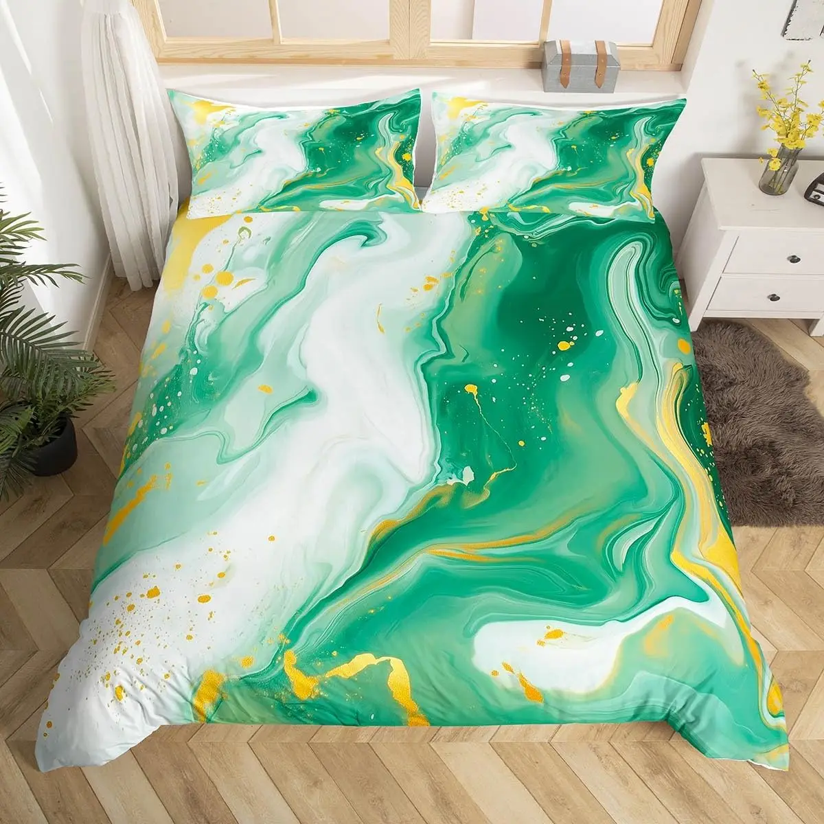 Green Marble Duvet Cover Twin King Marbling Texture Bedding Set Foil Print Glitter Comforter Cover Modern Abstract Art Bed Cover