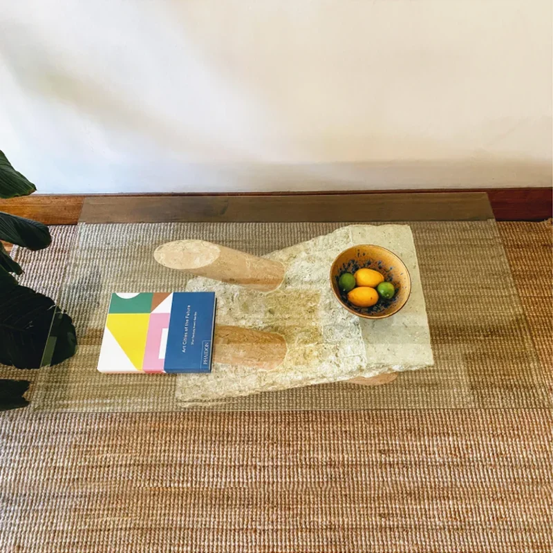 

xzNatural travertine coffee table Modern simple tempered glass square tea table Nordic light luxury marble coffee table