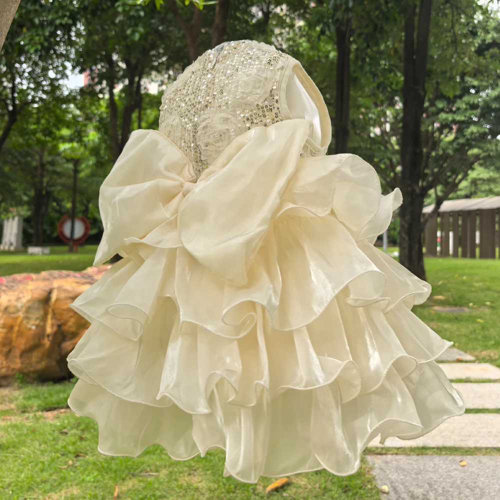 

Beige pearl lace princess Christmas dress sleeveless sequin big bow tutu ball gowns Flower Girl Bridesmaid Dress For 1-9Y baby