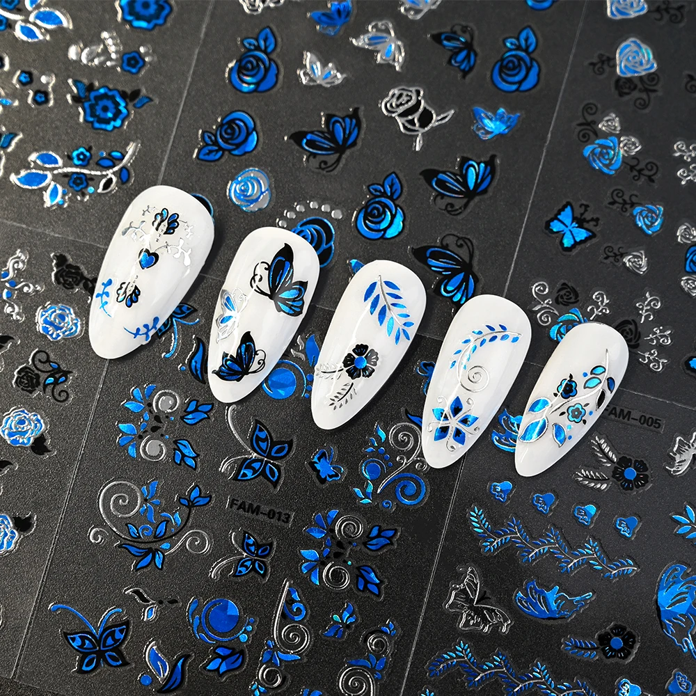 30pcs Klein Blue Butterfly Flowers Nail Art Decals Stickers 3D Retro Glitter Nail Decor Adhesive Sliders Tattoo Manicure Sticker