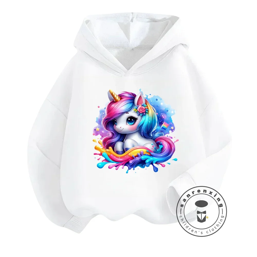 Unicorn Cartoon 2D Pattern Printing 2024 Children Girl Hooded Tops Fit 2-14 Years Old Kid Girls Causal Style Fashion Hoodies