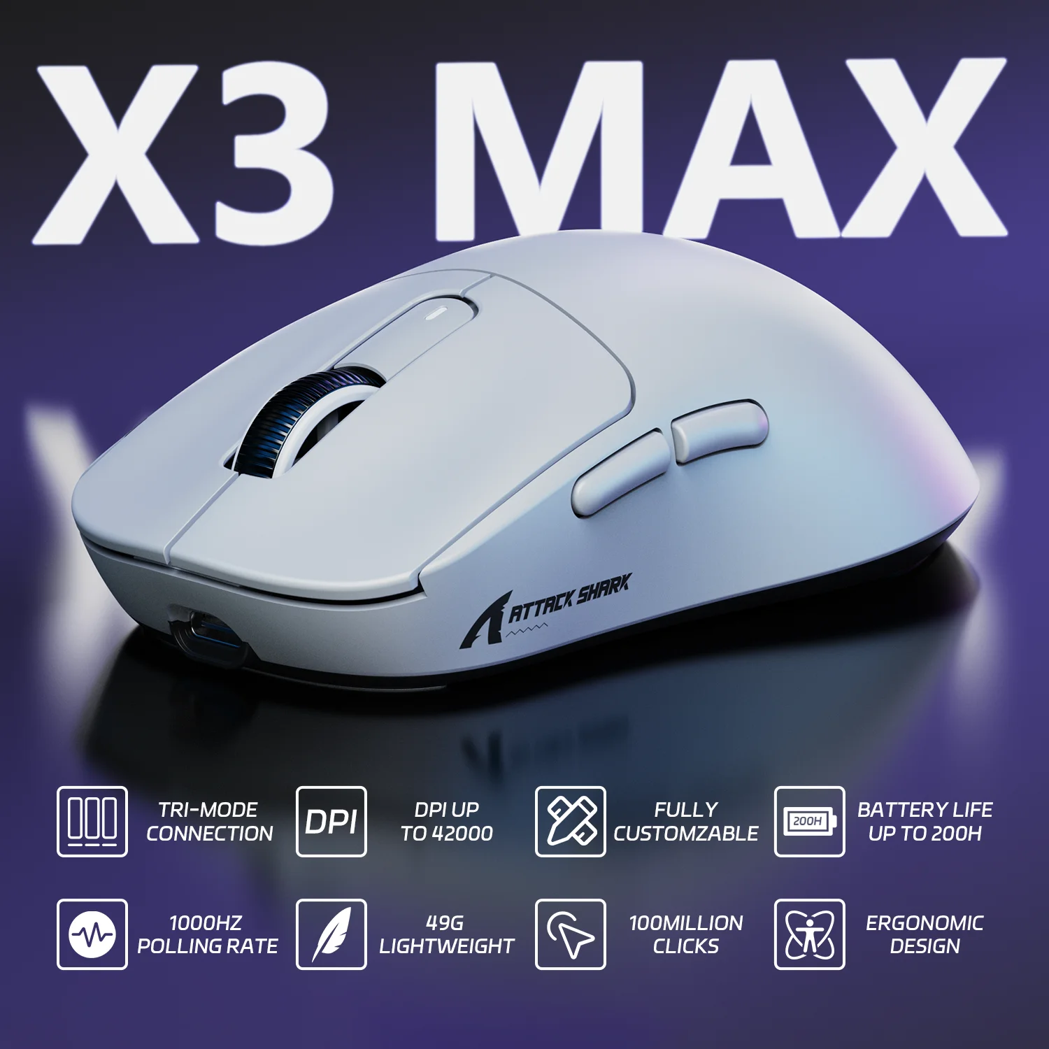 Imagem -02 - Mouse para Jogos Attack Shark X3max Paw3950 Modo Triplo até 42000 Dpi 49g Ultraleve Microinterruptores Ópticos Omron 100m de Cliques