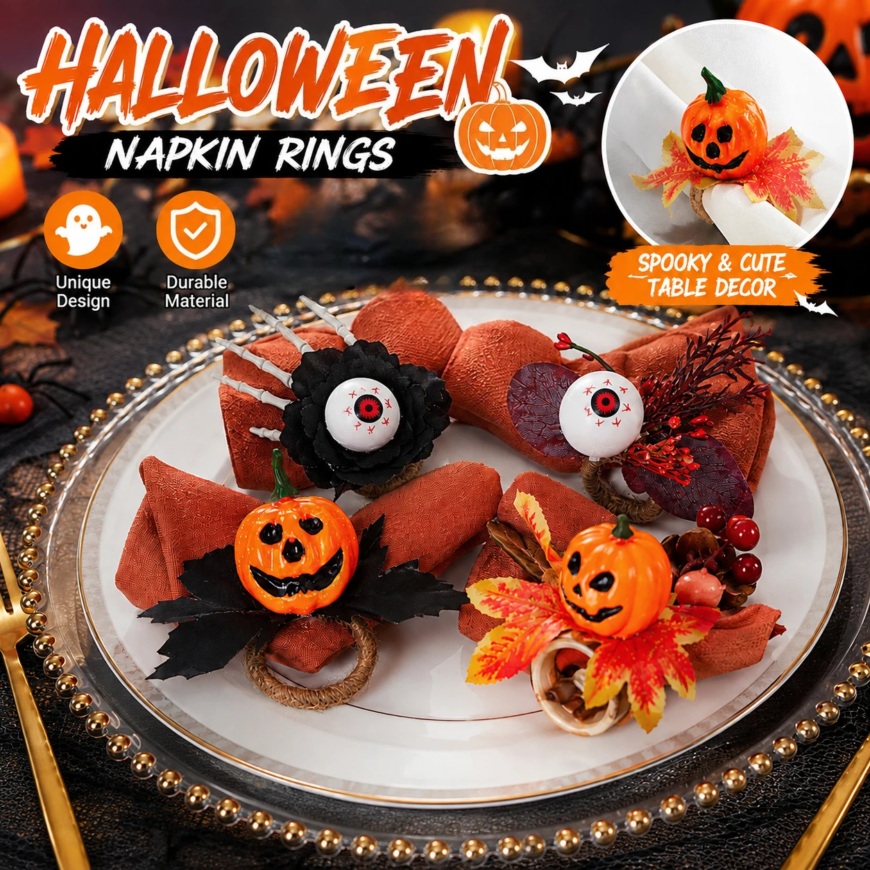 Halloween Pumpkin Napkin Rings Artificial Maple Leaf Eyeball Skeleton Hand Napkin Holders Horror Party Dinner Table Decorations