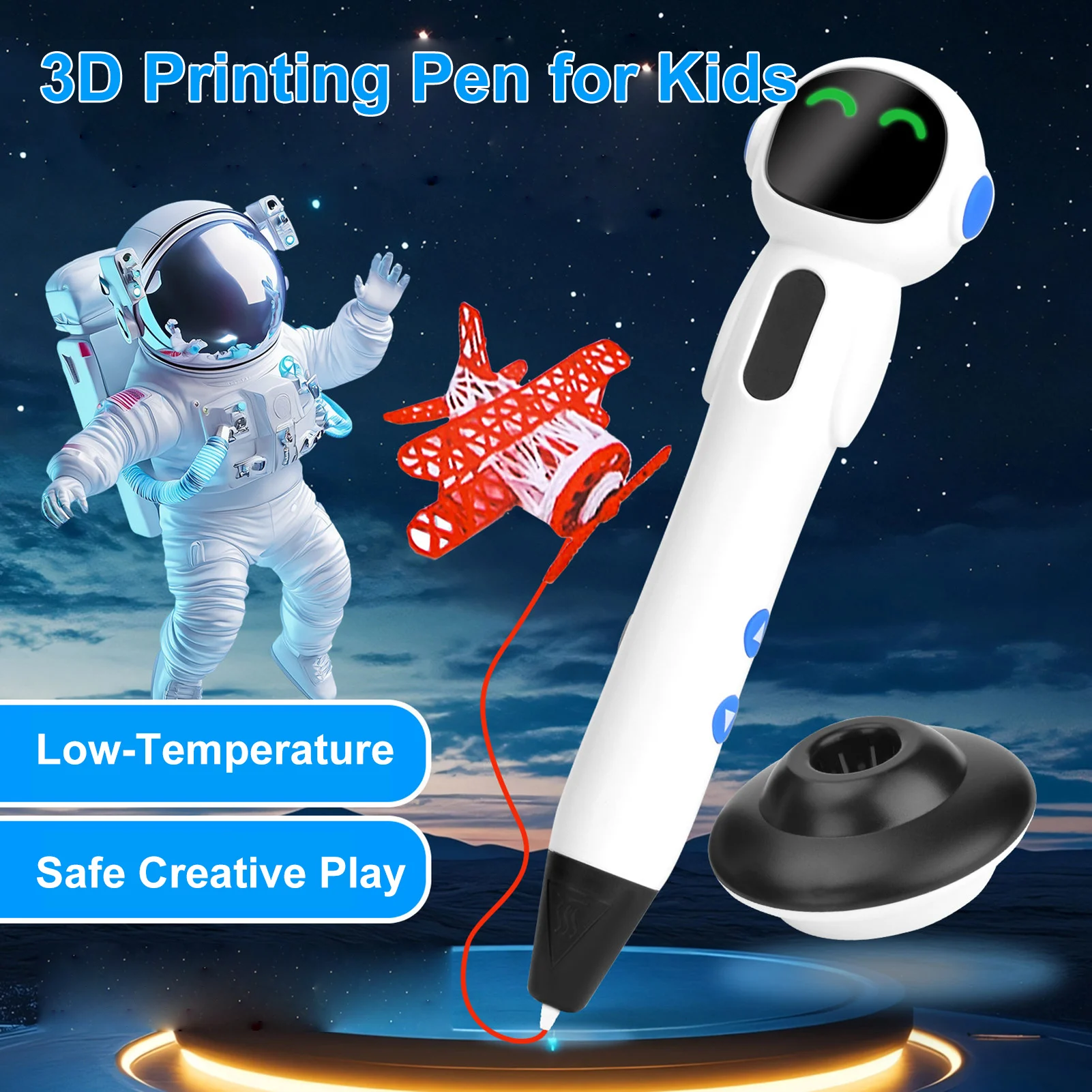 

3D Printing Pen for Kids, Low Temperature Wireless Doodling Pen, Astronaut Design, Safe PCL Material, LED Indicators,