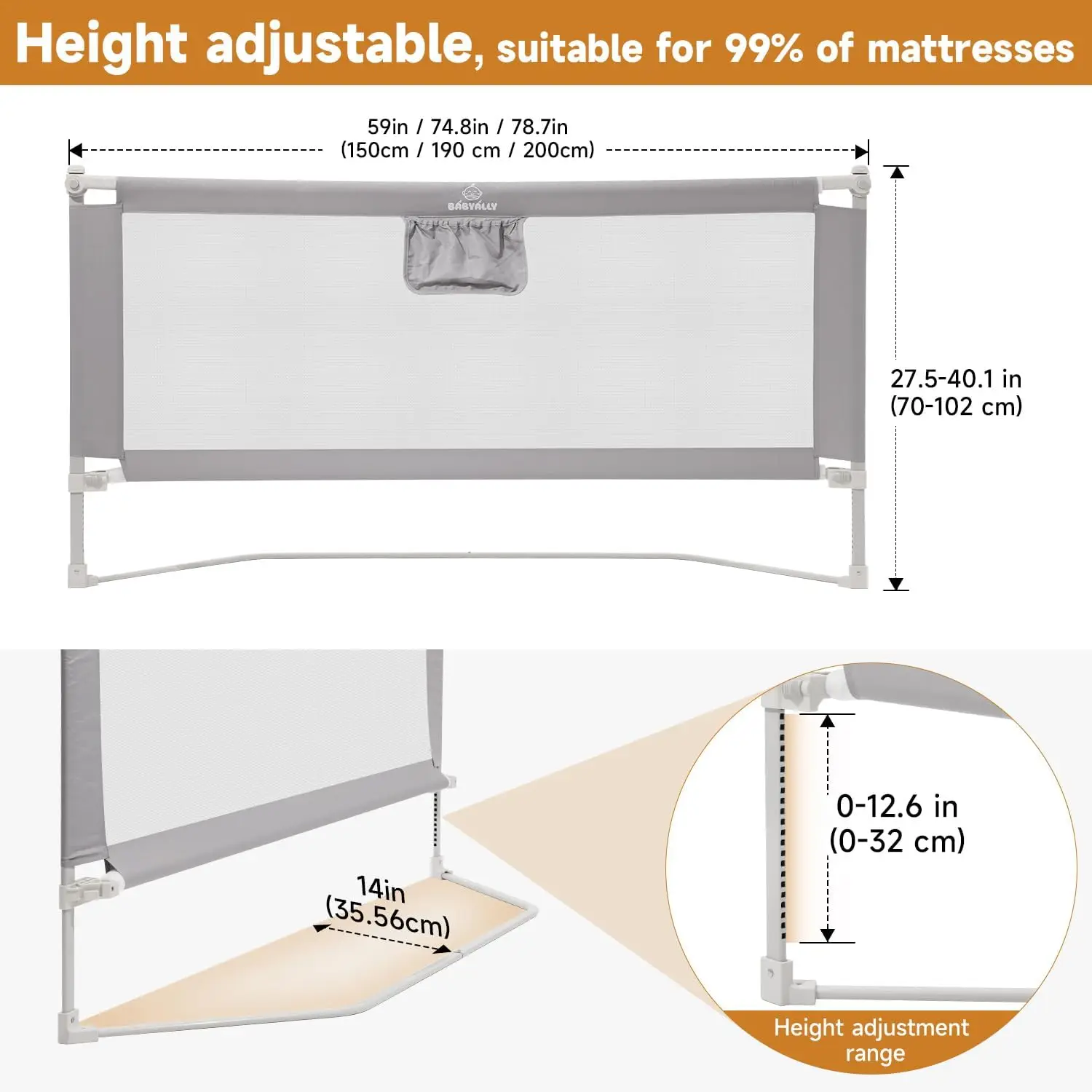 Foldable Adjustable Bed Rail Guard for Toddlers Kids, Quick Assembly with U-Shape Base, Height Adjustable Safety Rail