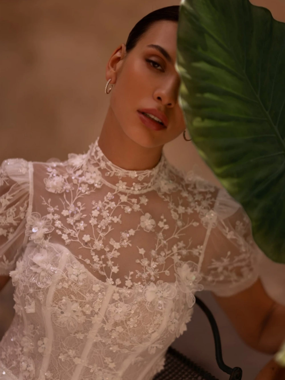 Dazzling Beaded Floral Wedding Dress Romantic High Collar Puff Sleeve Bridal Gown Customized A-line Long Dresses For Bride