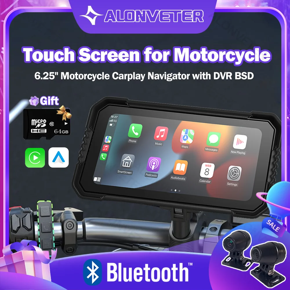 ALONVETER ポータブル 6.25 インチオートバイ CarPlay GPS ナビゲーション IP67 防水 DVR Carplay スクリーンモトデュアルカメラドライブレコーダー