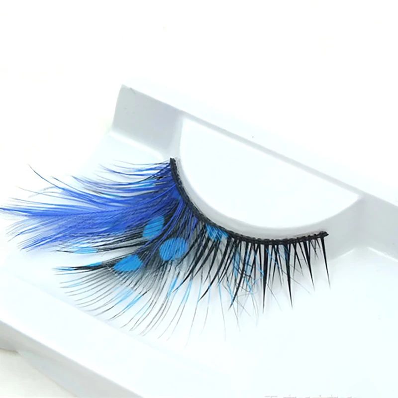 1 Pair Handmade False Eyelashes Color False Eye Lashes Blue Dot Thick Feather False Eyelashes for Eye Performance Party Makeup