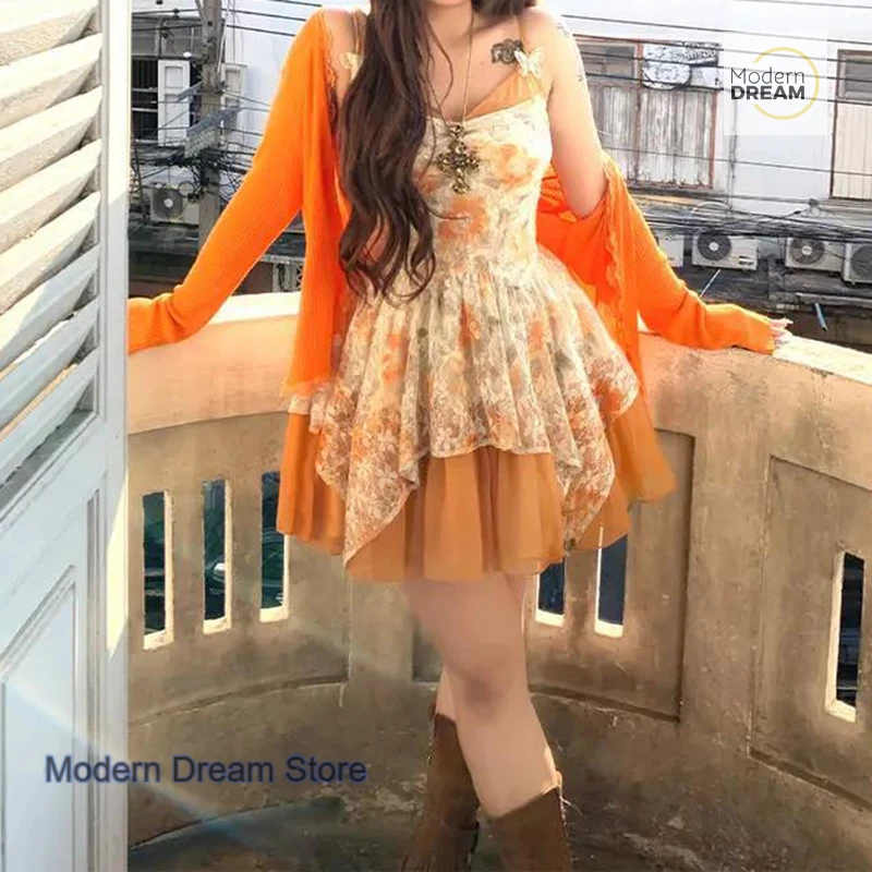 

Summer plus-size loose lace stitching halter skirt female French new fashion design sense skirt cardigan two-piece suit