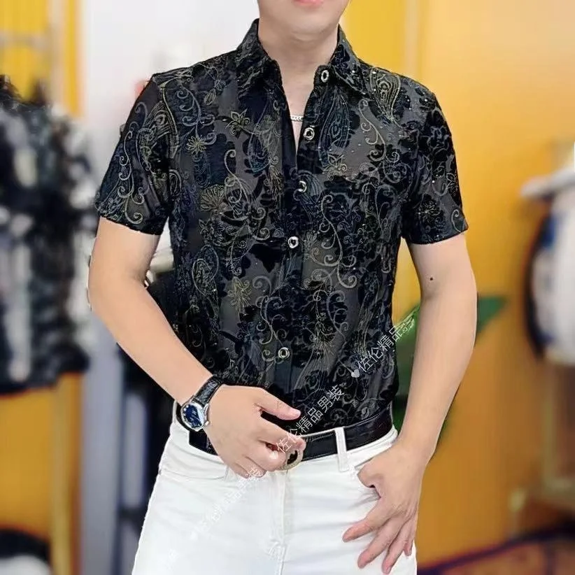 

Faionable Ice Silk Burned Flower Men's irt Slim Fit Summer New Sle Breathable ort Sve Inner Wear Casual irt