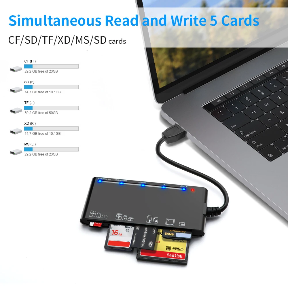 Multi-Function Card Tester, CR7, CF, XD, MS, SD, TF, 7 em 1, Compatível com Windows, Vista, XP, 7, 8, 10, Linux, mac OS, CR7, USB 3,0