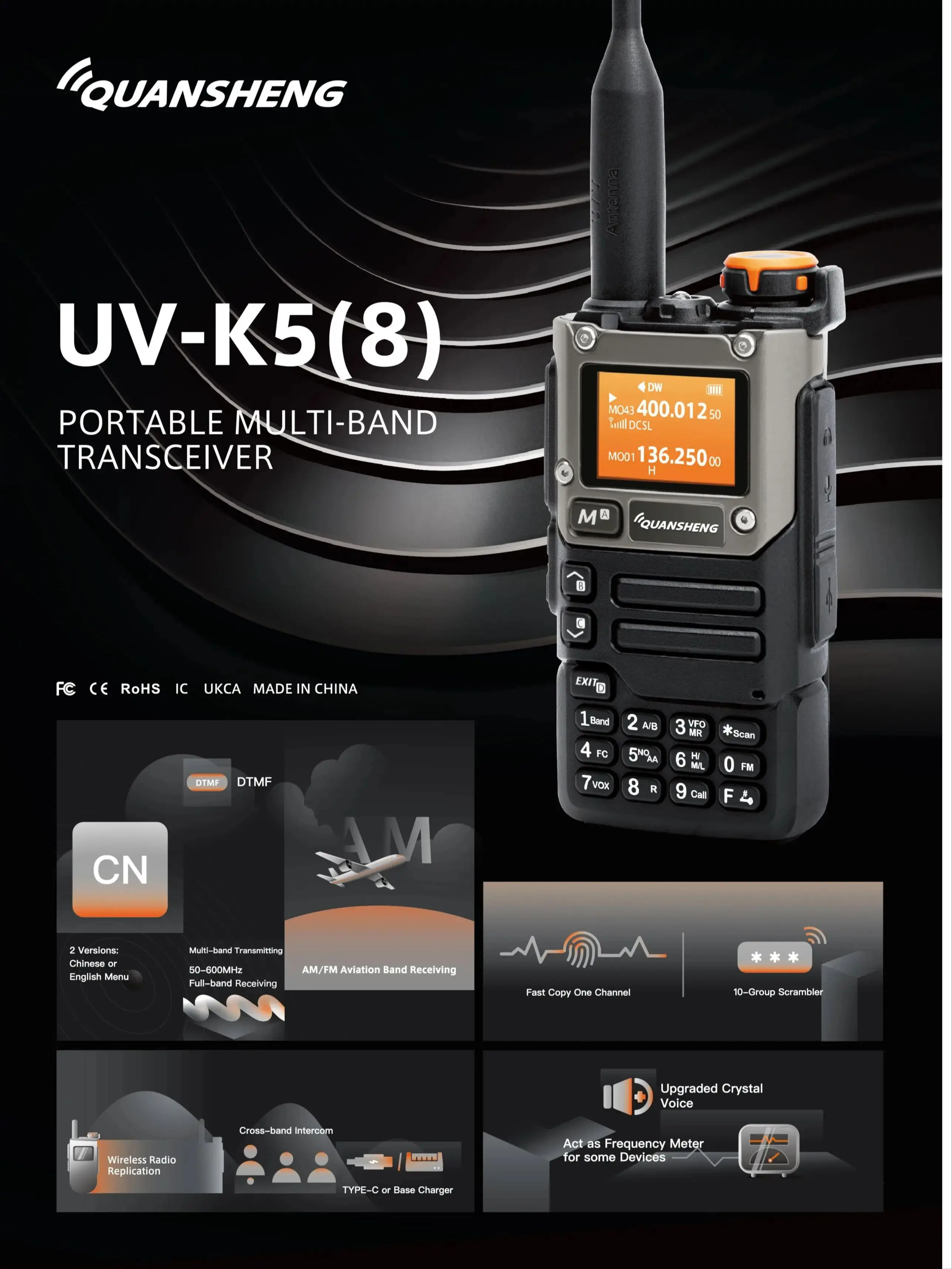 Портативная рация Quansheng-UV K5 (8), двухстороннее радио, коммутаторная станция, Любительский Радиолюбитель, беспроводной набор, приемник дальнего