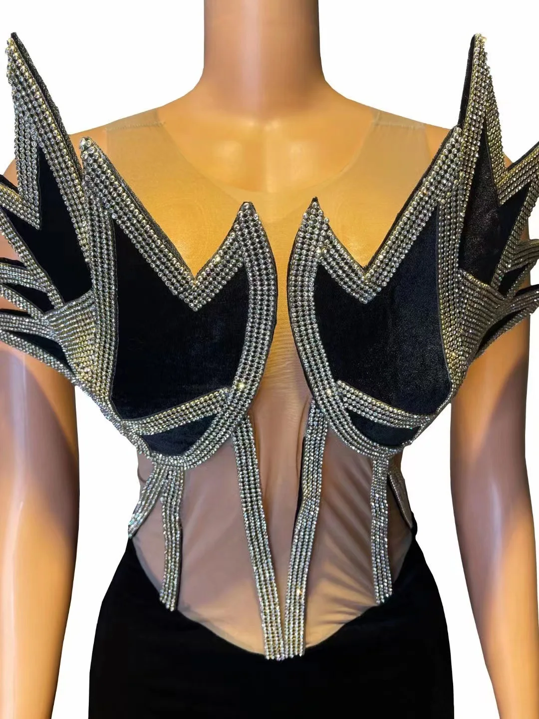 Hot Diamond Seksowna aksamitna sukienka bez rękawów z siatki Strój piosenkarza Impreza Wysokiej klasy sukienka na występy Sukienki zdobione kryształami