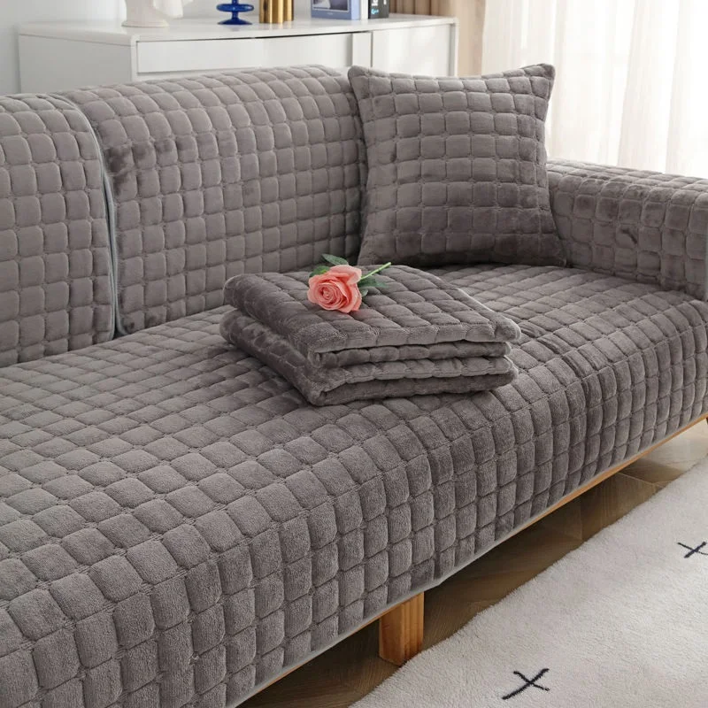 Velvet Sofa Cover Universal Plaid Plush Non-Slip Thickened Living Room Sofa Cover Warm Flannel Sofa Cushion Armrest Back Towel