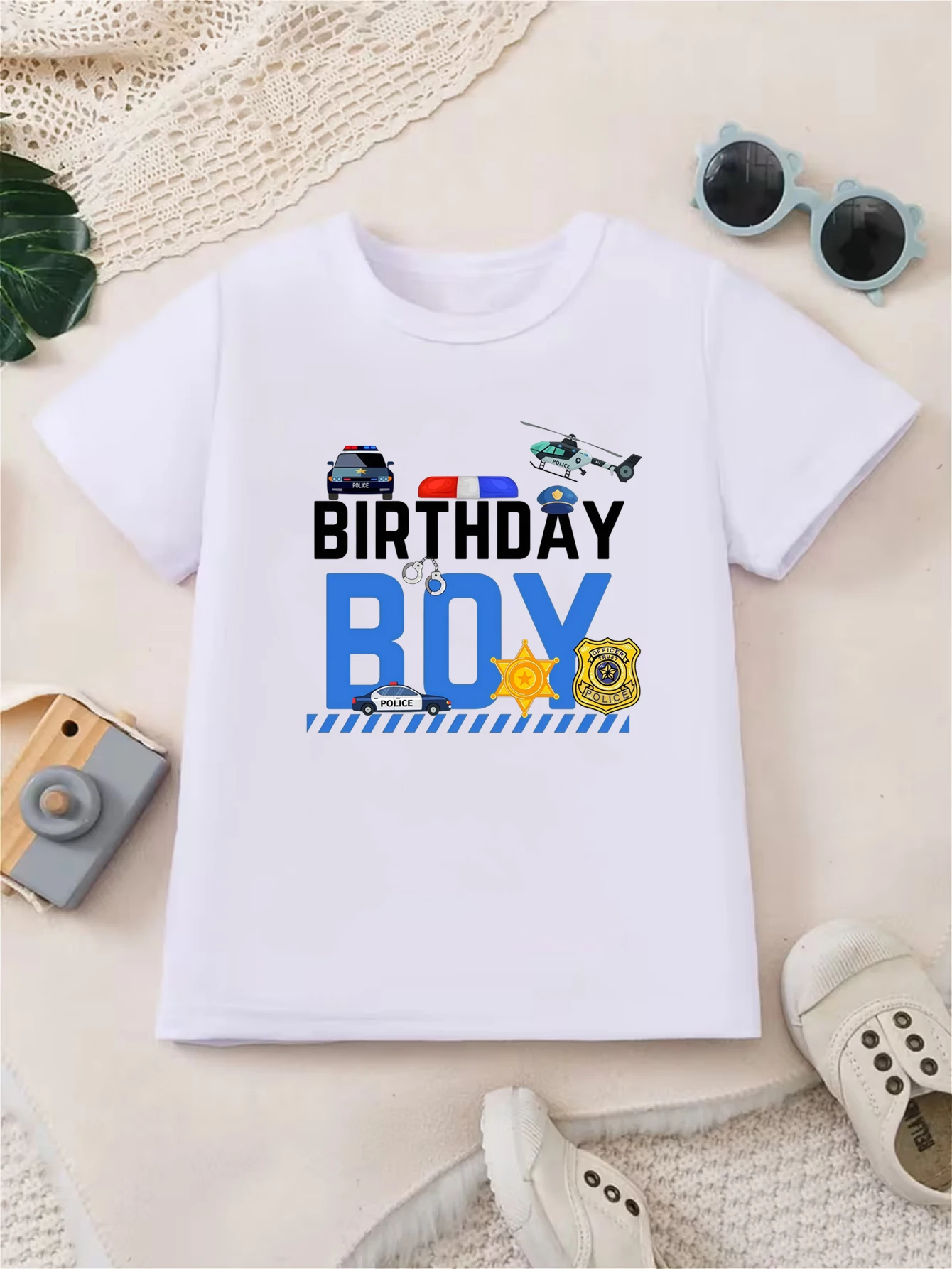 

New Birthday Boy Police Car Graphic Printed T-Shirt, Birthday Party Theme Brother/Sister of the Birthday Boys Family Tshirt Tops