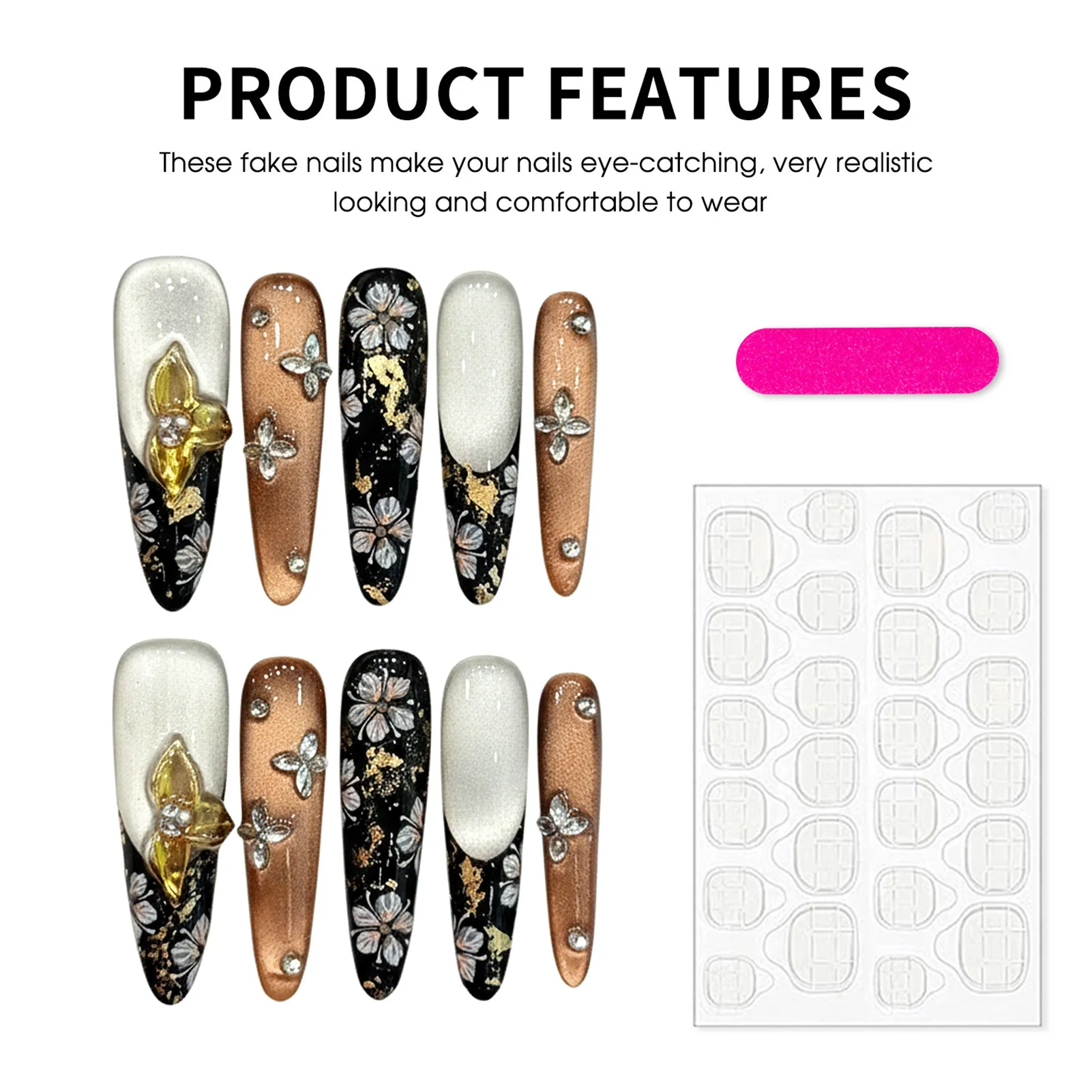 Faux ongles longs en amande faits à la main, 10 pièces, faux ongles français noirs, imprimés floraux, yeux de chat brillants, décoration florale 3D