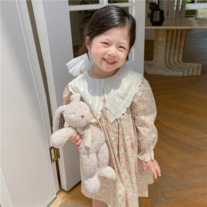 Korean Style Spring Autumn Baby Girls Dresses Pink Flower Print Lacy Border Pleated Princess Dresses