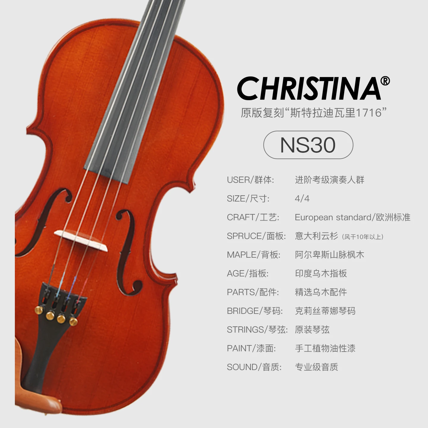 CHRISTINA Violin V02 for Beginner Dark Retro/Red Glossy Solid