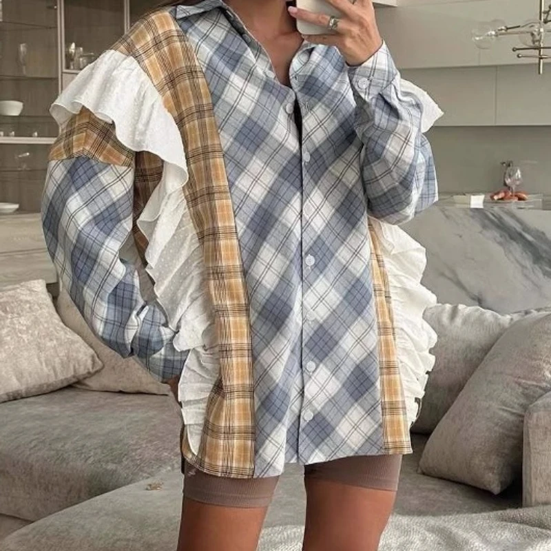 

Unisex Design Trendy Flannel Shirt for Women, Spring New Arrival, Loose Fit, Versatile Color Block Patchwork Long Sleeve