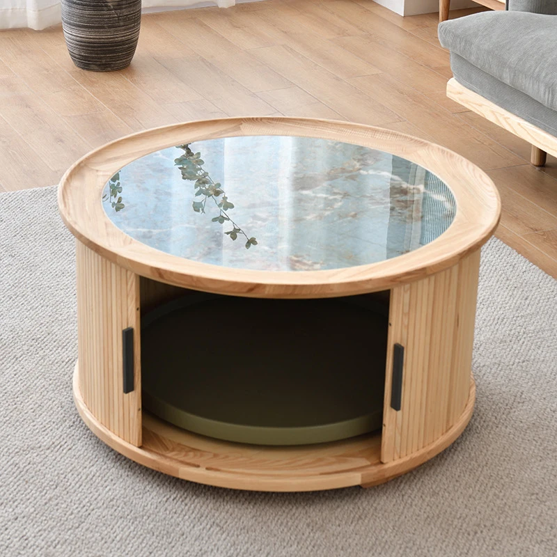 Round Coffee Table Pet Nest Agate Marble Simple Small Household Wood Roller Shutter Table Cat House Furniture With Storage