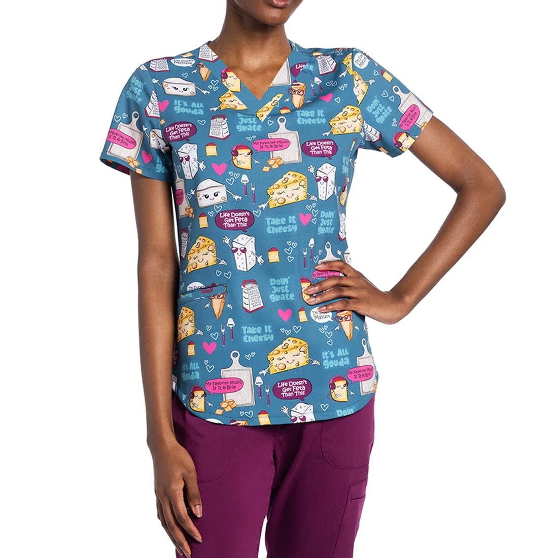 New Summer Women's Work Uniform Cartoon Halloween Pet Shop V-Neck Print Scrub Top Nurse Caregiver Costume