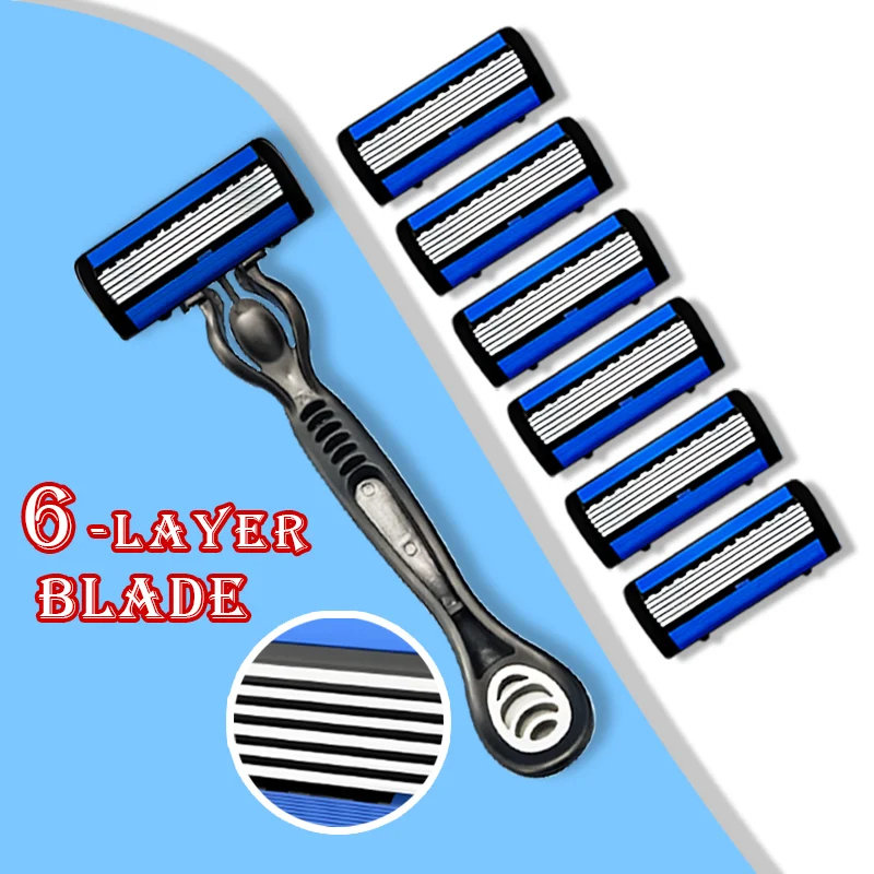 Safety razor set with 1 handle and 6 replacement blades equipped with non-slip handle which fits the contour and can completel