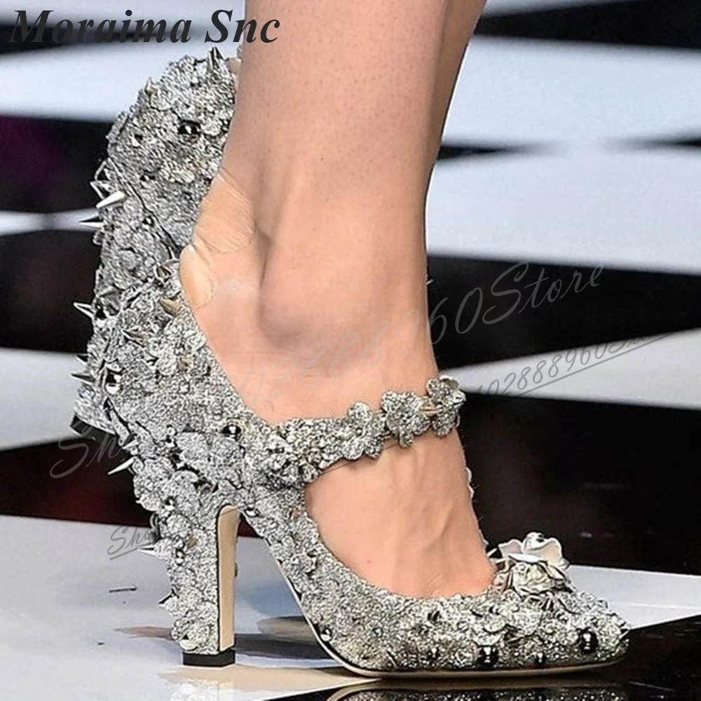 

Runway Silver Glitter Rivet Flower Pumps Chunky High Heel Shoes For Women Button Strap Pointed Toe 2025 Zapatos Para Mujere