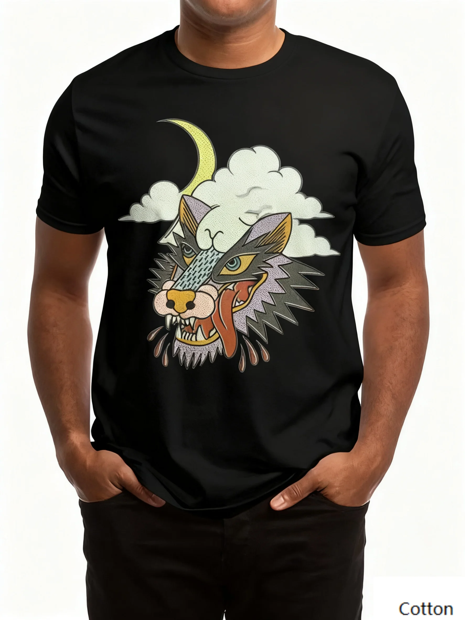 Хлопковая футболка с круглым вырезом Nostalgic Fantasy «Vintage Moon Wolf Feel» с креативным принтом волка, полумесяца